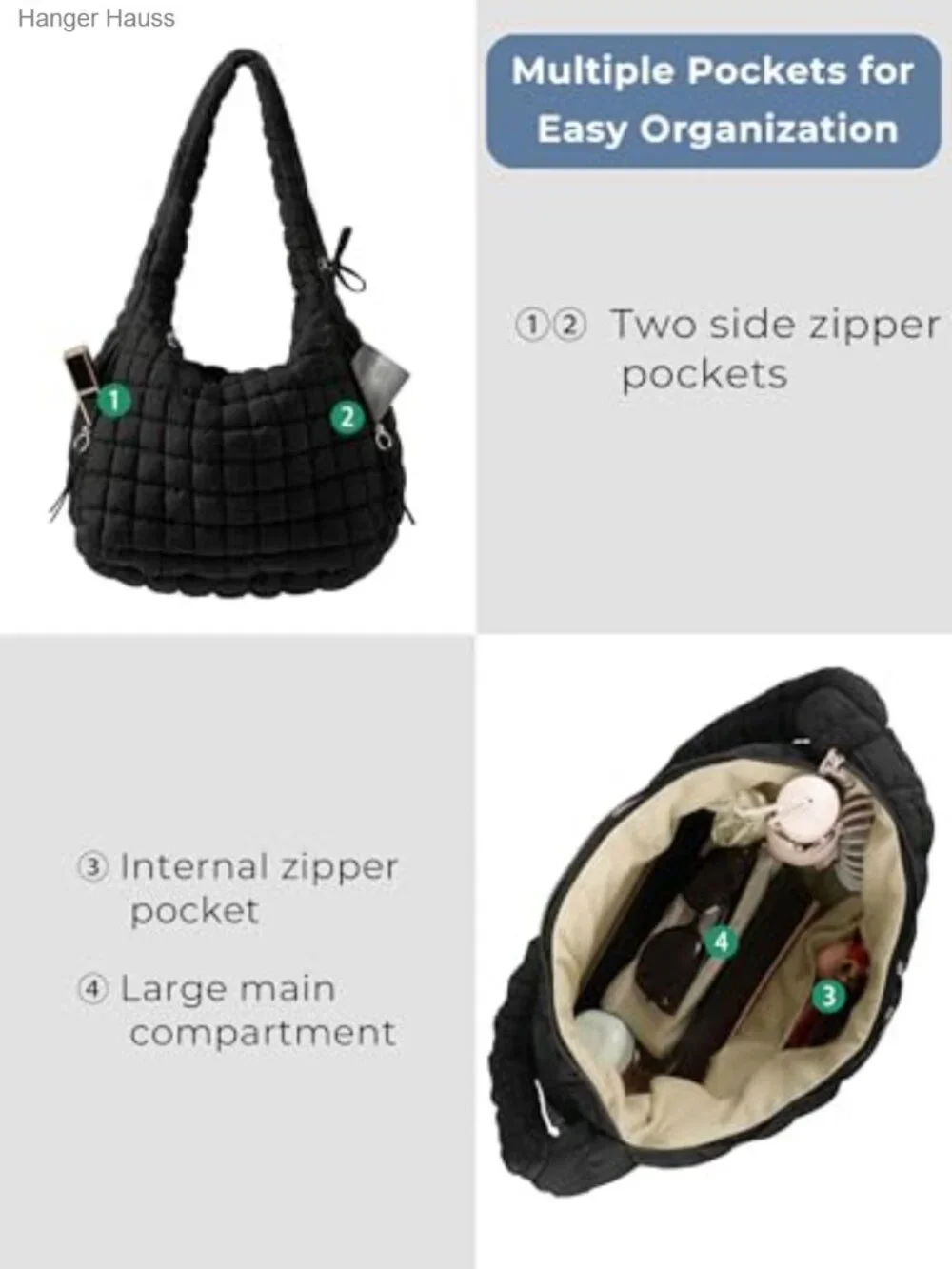 Quilted Puffer Tote Bag Crossbody Nylon Hobo Shoulder Bag Large